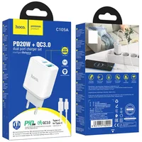 СЗУ Hoco C105A Stage PD20W+QC3.0 (1USB-A/1C) + кабель Type-C to Type-C White