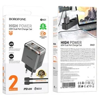 СЗУ Borofone BN21 Lena PD40W+QC3.0 (2USB-C) + кабель Type-C to Type-C Metal gray