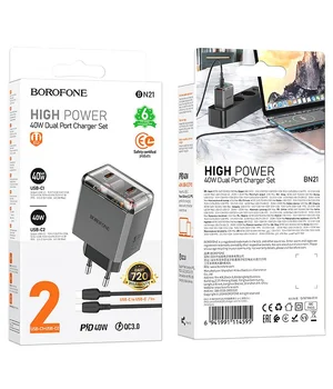 СЗУ Borofone BN21 Lena PD40W+QC3.0 (2USB-C) + кабель Type-C to Type-C Metal gray