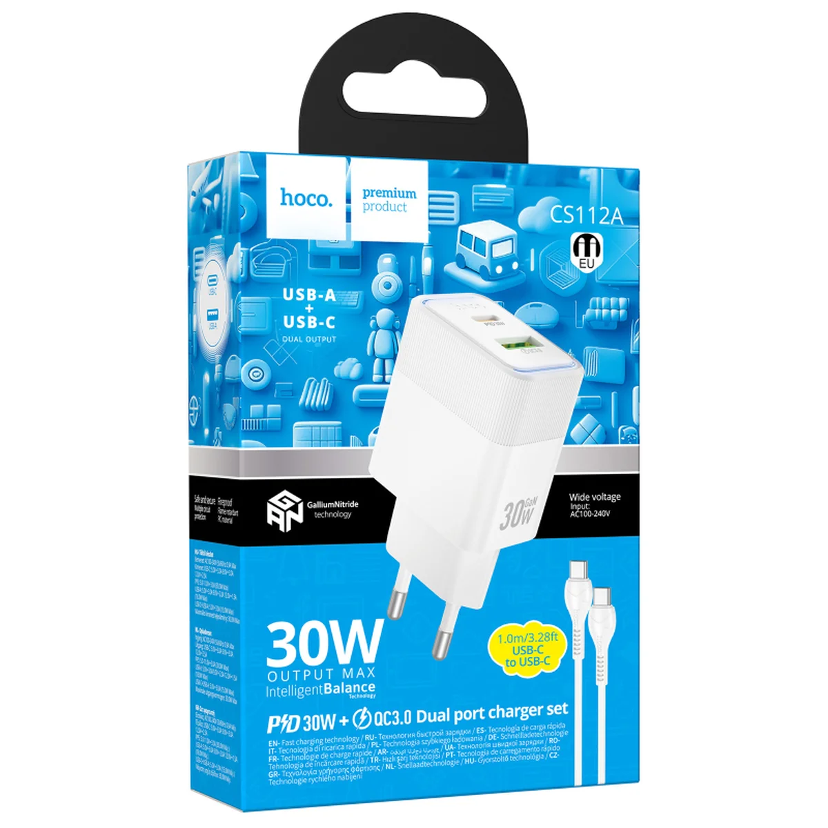 СЗУ Hoco CS112A Lounge PD30W+QC3.0 (1USB-A/1C) + кабель Type-C to Type-C White