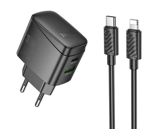 СЗУ Hoco CS61A Bright PD30W+QC3.0 (1USB-A/1C) + кабель Type-C to Lightning Black