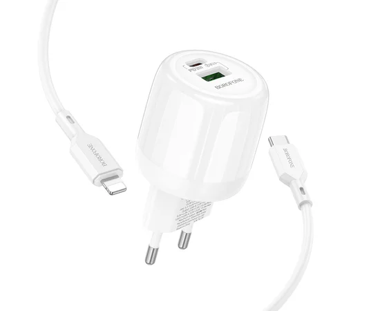 СЗУ Borofone BA94A Lustrous PD30W+QC3.0 (1USB-A/1C) + кабель Type-C to Lightning White