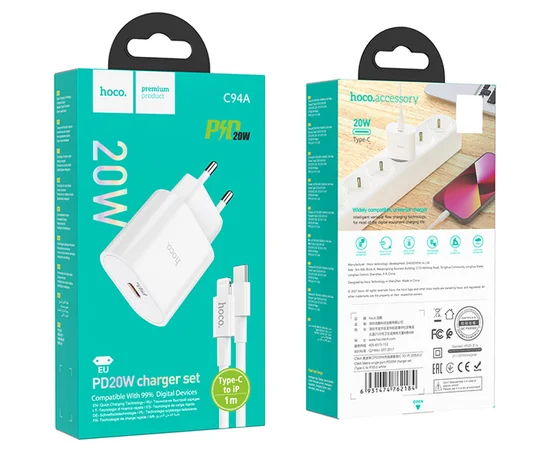 СЗУ Hoco C94A Metro PD20W (1USB-C) + кабель Type-C to Lightning White