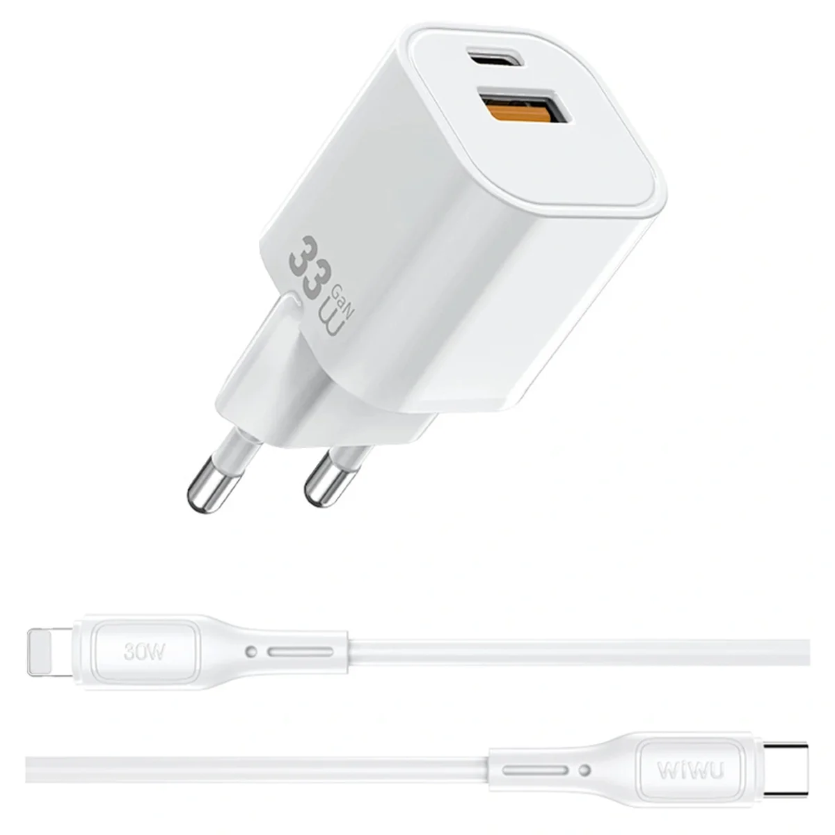 СЗУ WIWU G018 Cube PD33W+QC3.0 GaN (1USB-A/1C) + кабель Type-C to Lightning White