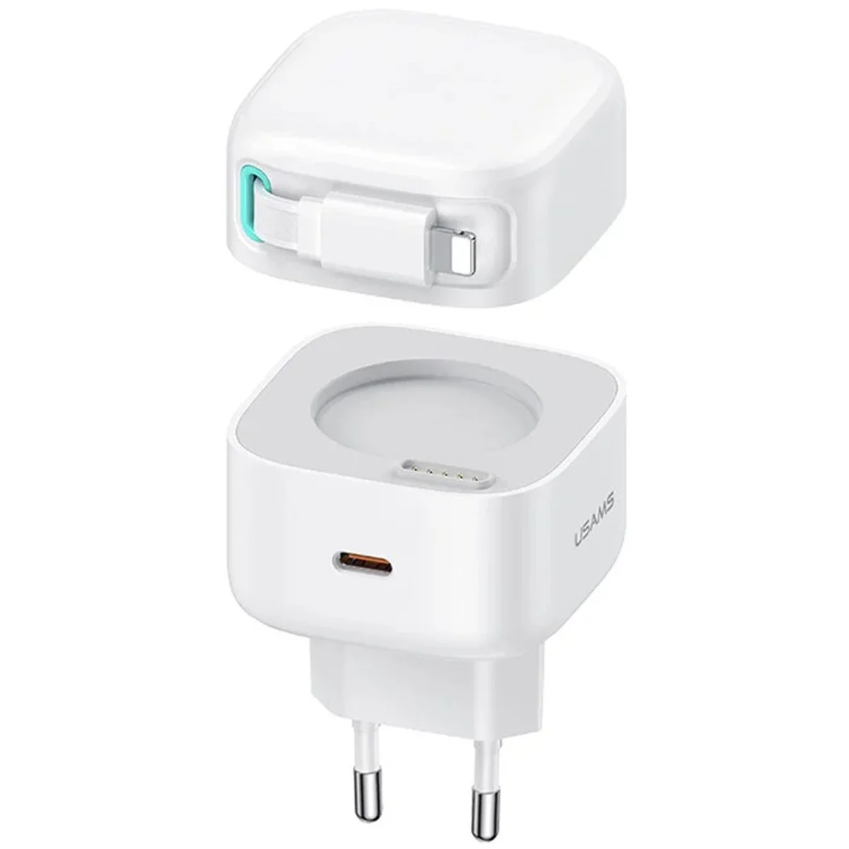 СЗУ Usams US-CC209 GaN With Lightning Magnetic Retractable Cable Module XMF Ser. 35W (2USB-C) White