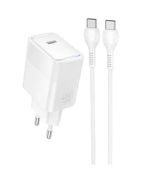 СЗУ Hoco CS113A Lounge PD40W (1USB-C) + кабель Type-C to Type-C White
