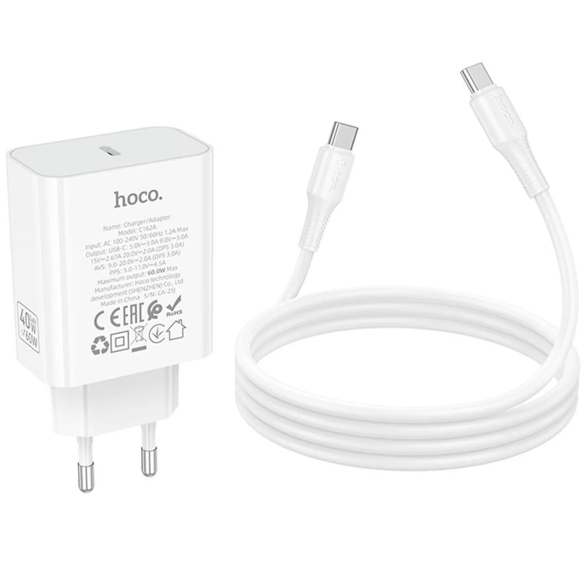 СЗУ Hoco C162A Source PD40W (1USB-C) + кабель Type-C to Type-C White
