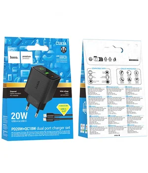 СЗУ Hoco CS83A Excellent with digital display PD20W+QC3.0 (1USB-A/1C) + кабель Type-C to Lightning Black