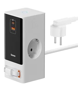 СЗУ Baseus OS PowerCombo Digital PowerStrip+Retractable-C 65W (1USB-A/1C/2Socket) (1.5m) (PSLR000) Glacier White