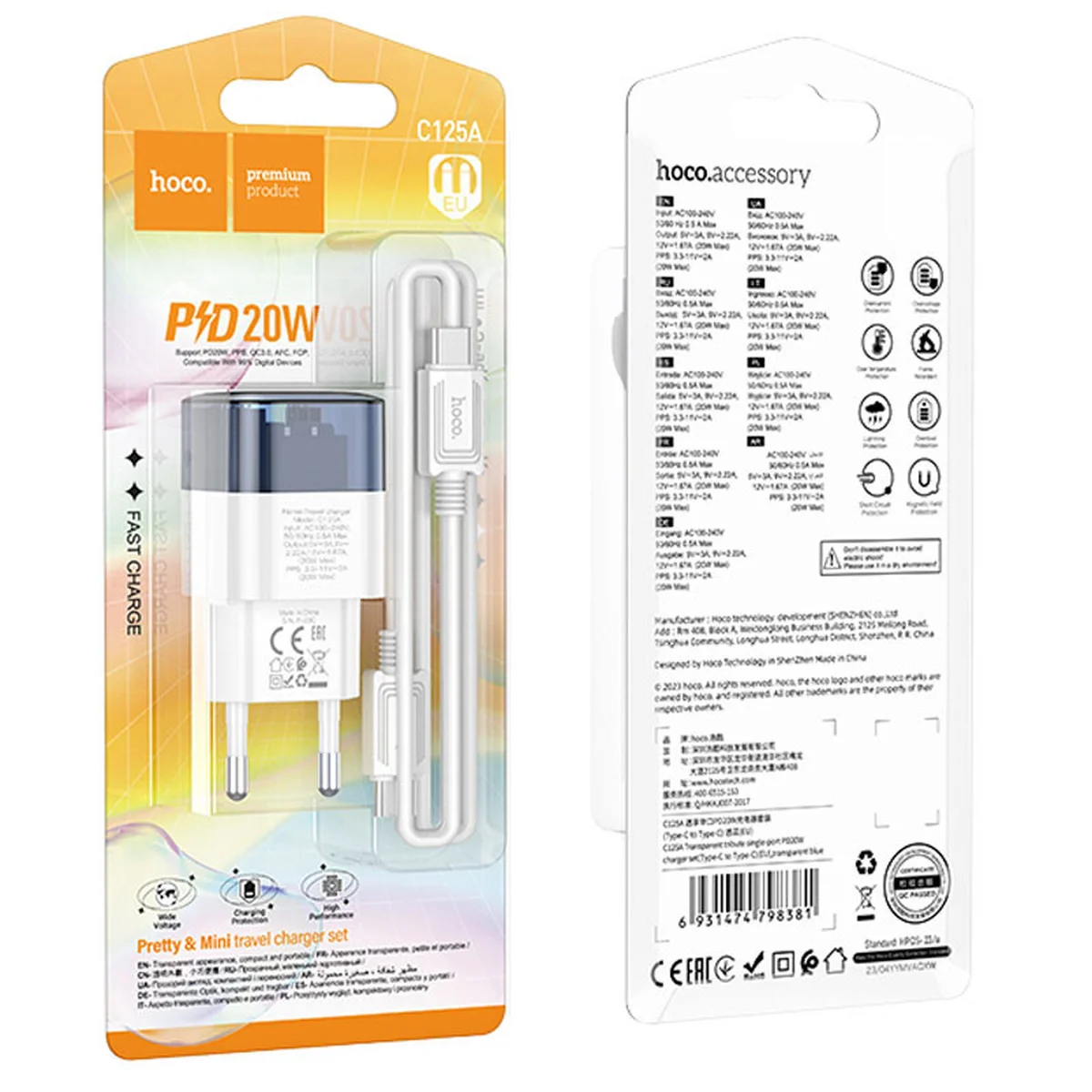 СЗУ Hoco C125A Transparent 1C PD20W + Type-C to Type-C Transparent blue