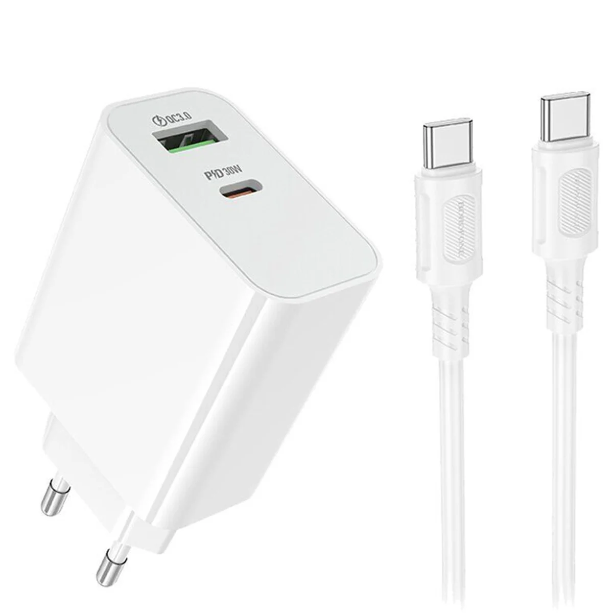СЗУ Borofone BA108A Stellar PD30W+QC3.0 (1USB-A/1C) + кабель Type-C to Type-C White