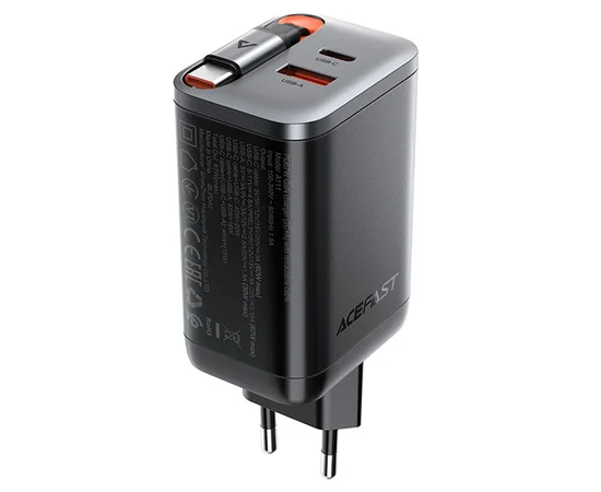СЗУ Acefast A111 GaN With Retractable Cable Type-C PD67W (1USB-A/1C) Black