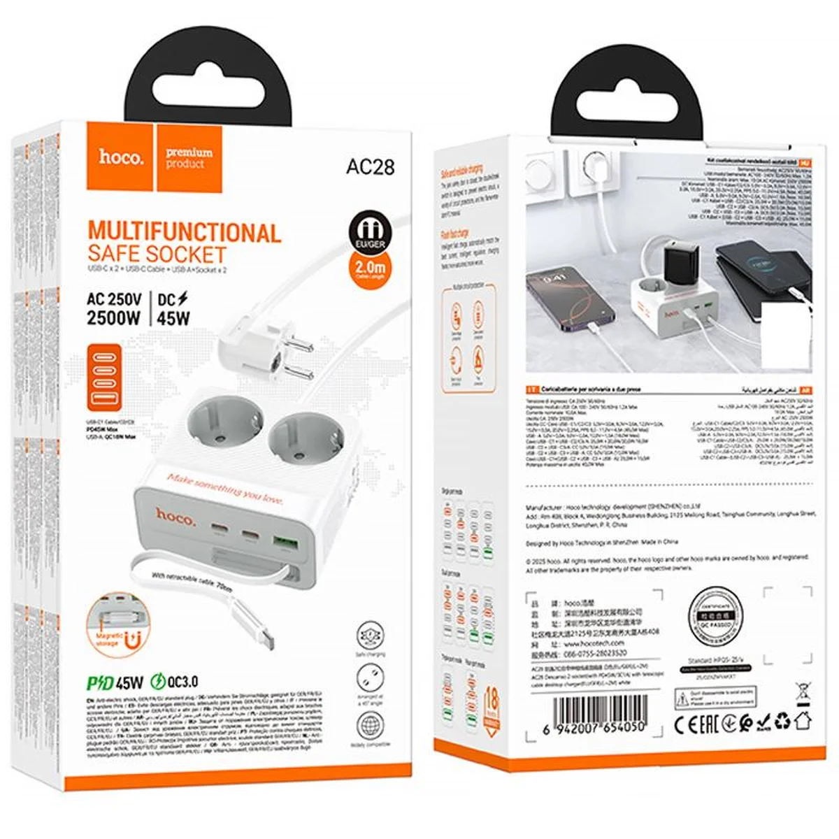 Удлинитель Hoco AC28 Descanso (PD45W/1C/3A/2xSocket) (2m) White