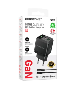 СЗУ Borofone BN19 Intenso PD20W+QC3.0 (1USB-A/1C) + кабель Type-C to Lightning Black