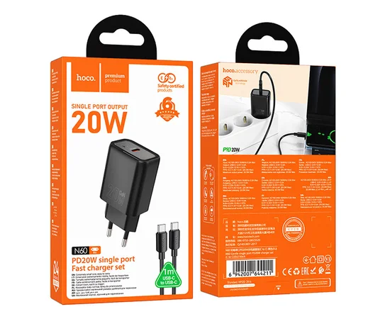 СЗУ Hoco N60 Gentle PD20W (1USB-C) + кабель Type-C to Type-C Black