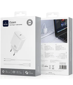 СЗУ WIWU G008 Essen PD30W GaN (1USB-C) + кабель Type-C to Type-C White