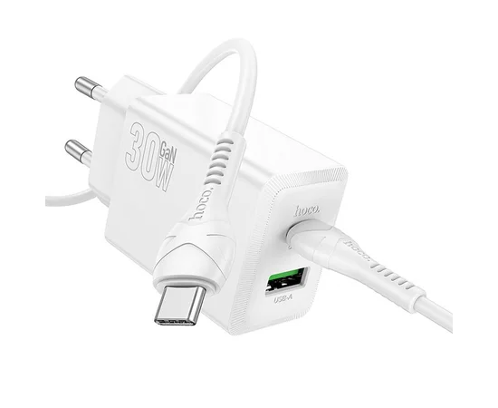 СЗУ Hoco N71 Nuevo PD30W+QC3.0 (1USB-A/1C)  + кабель Type-C to Type-C White