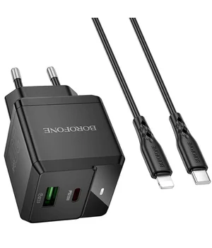 СЗУ Borofone BN19 Intenso PD20W+QC3.0 (1USB-A/1C) + кабель Type-C to Lightning Black