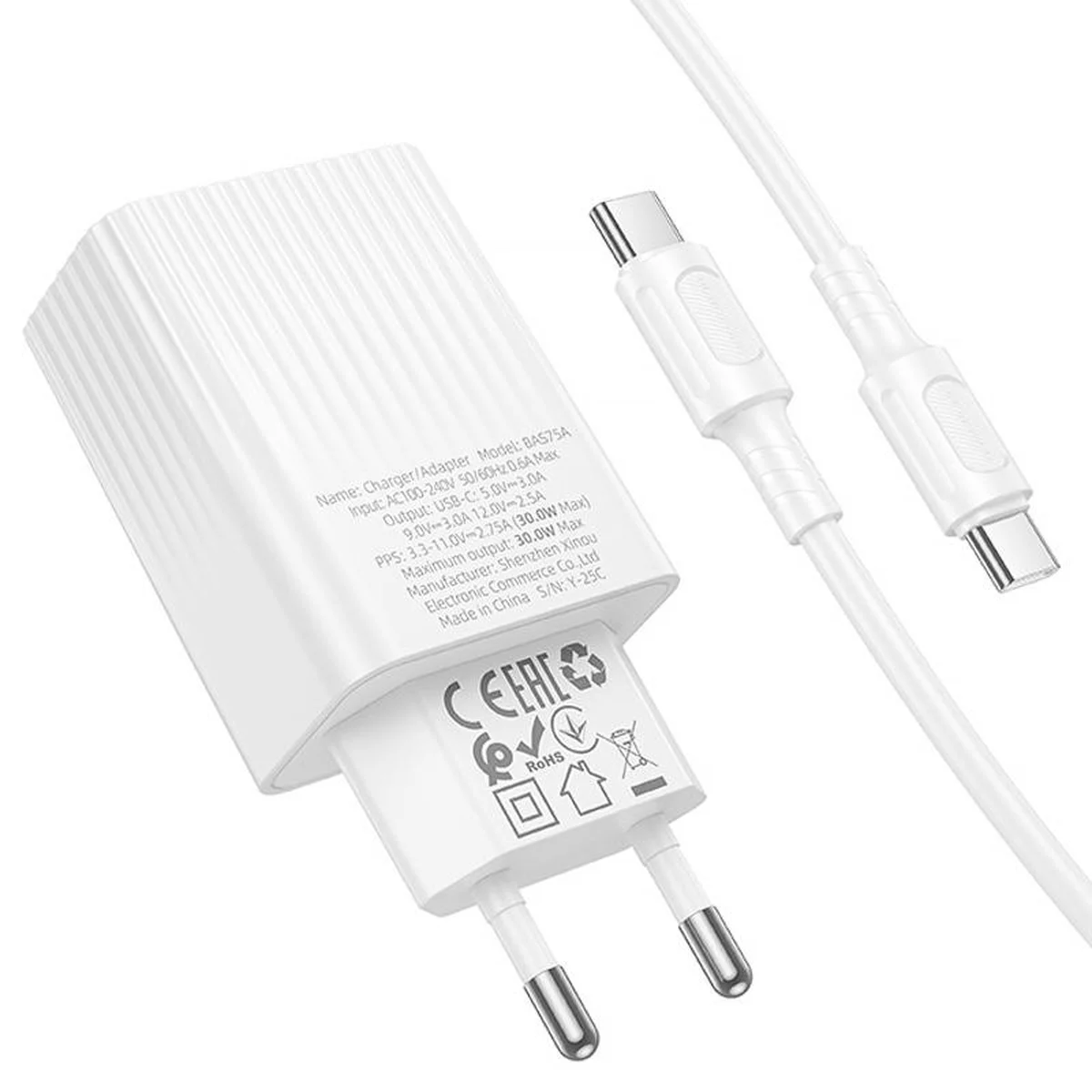 СЗУ Borofone BAS75A Source PD30W (1USB-C) + кабель Type-C to Type-C White