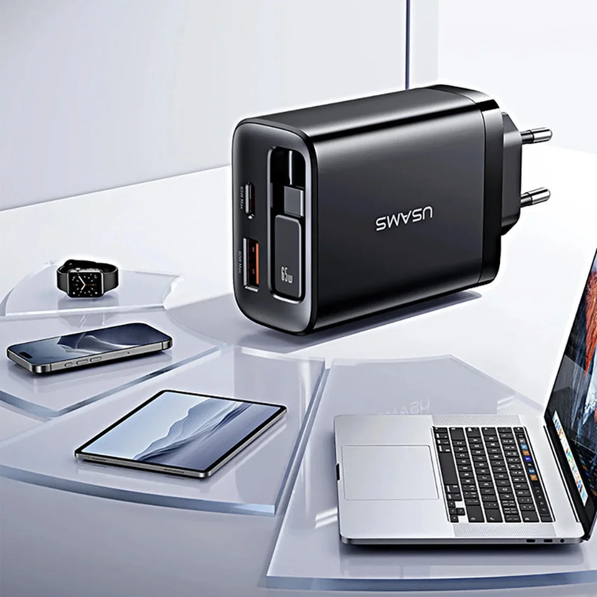 СЗУ Usams US-CC296 GaN With Retractable Type-C Cable Xiang Ser. 30W (1USB-A/1C) Black