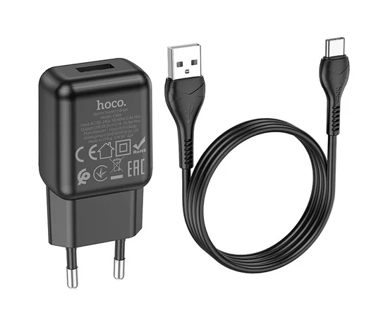 СЗУ Hoco C96A (1USB/2.1A) + кабель USB to Type-C Black