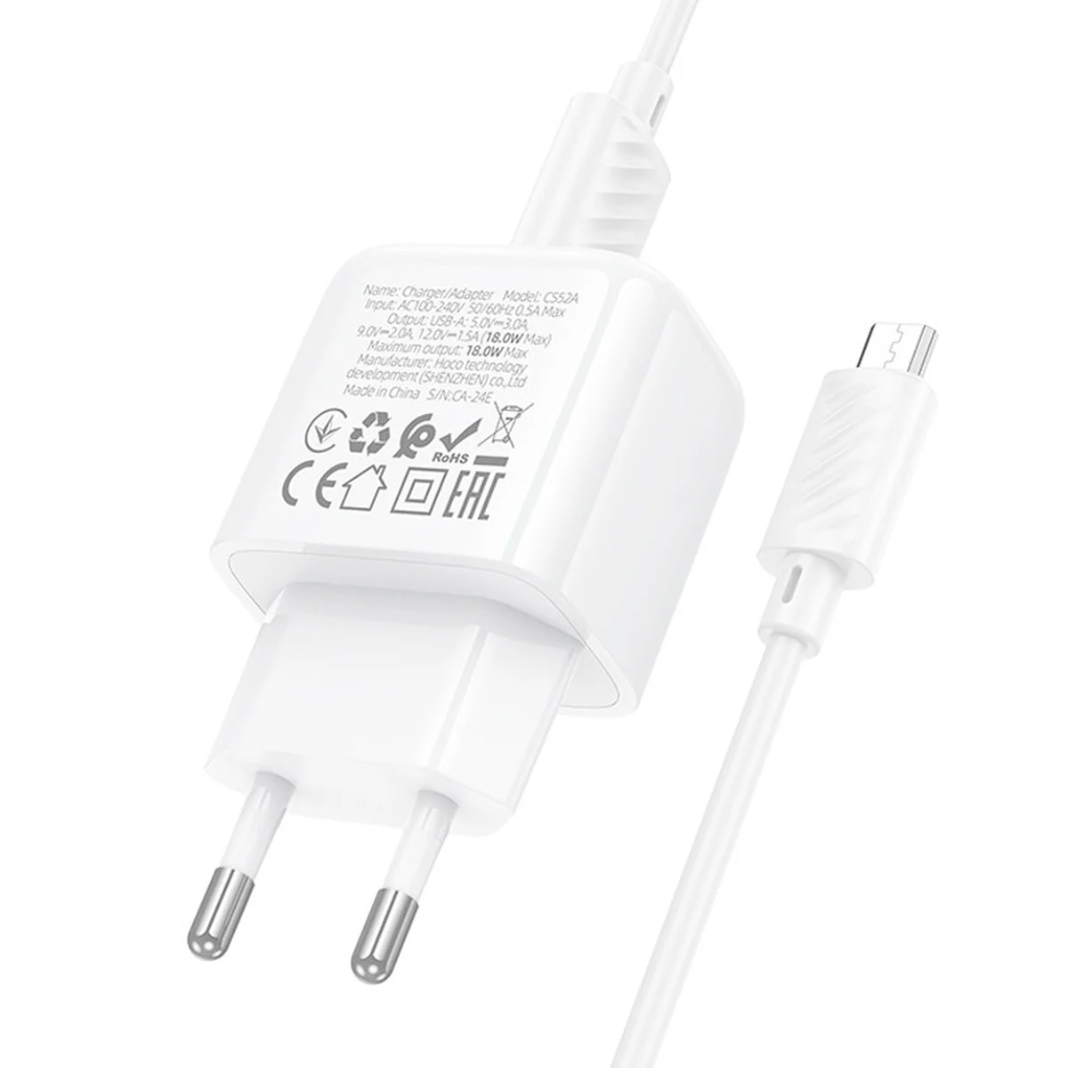 СЗУ Hoco CS52A Surplus QC3.0 (1USB-A) + кабель USB to MicroUSB White