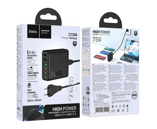 СЗУ Hoco C133A Earl 6-port PD75W (3C3A) Black