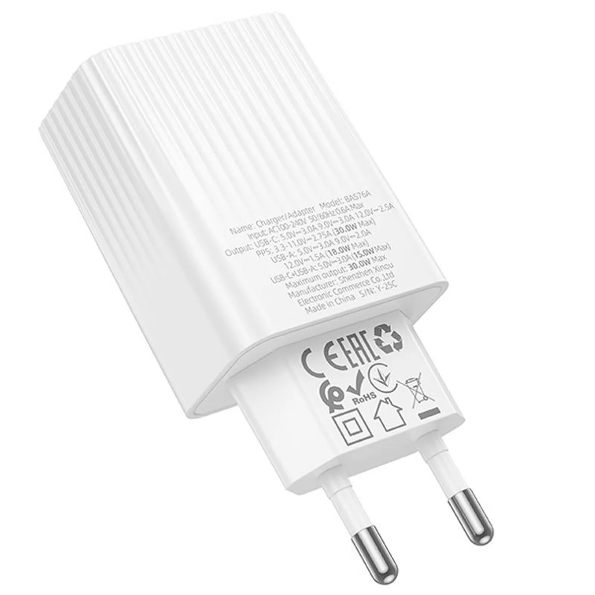 СЗУ Borofone BAS76A Source PD30W+QC3.0  (1USB-A/1C) White