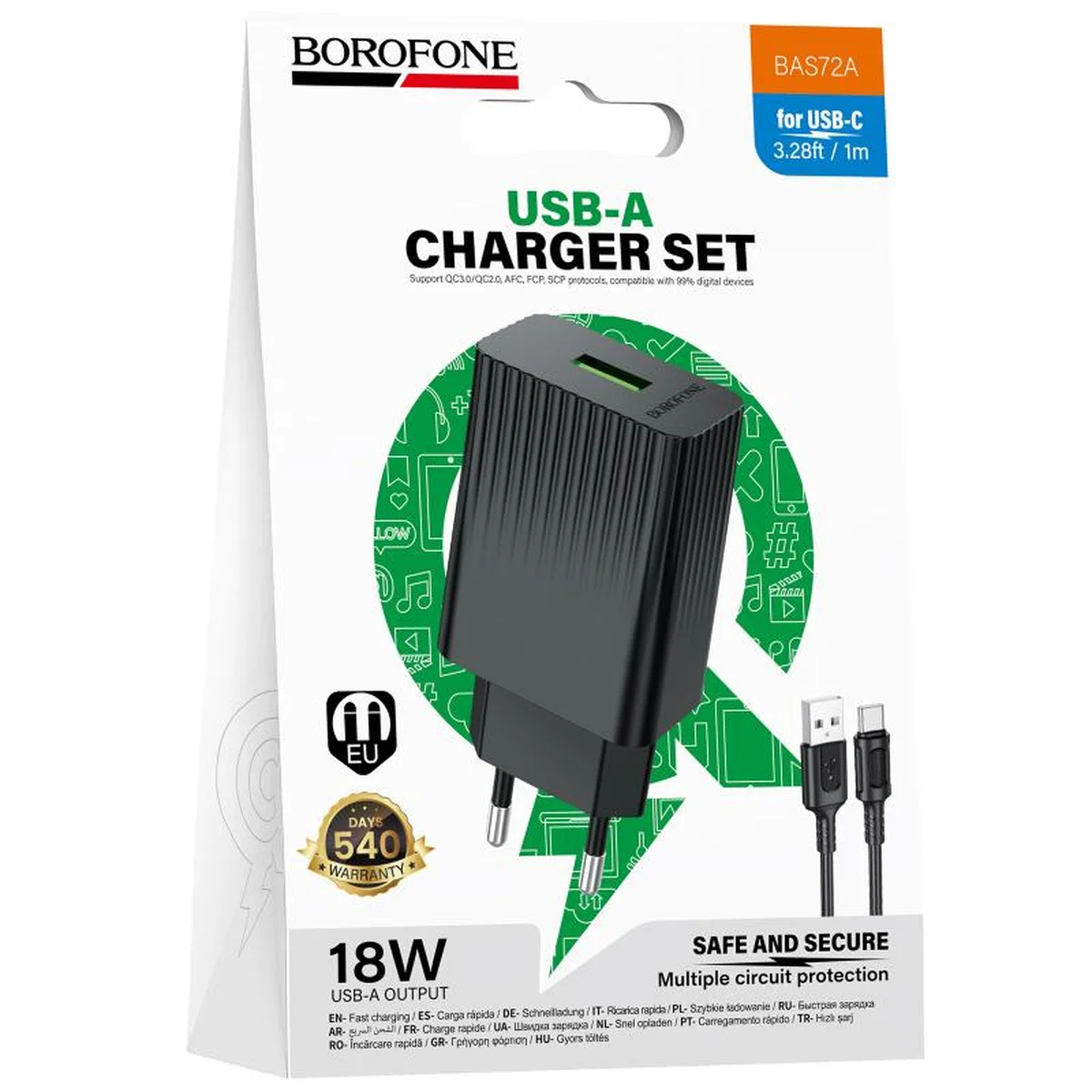 СЗУ Borofone BAS72A Source QC3.0 (1USB-A) + кабель USB to Type-C Black