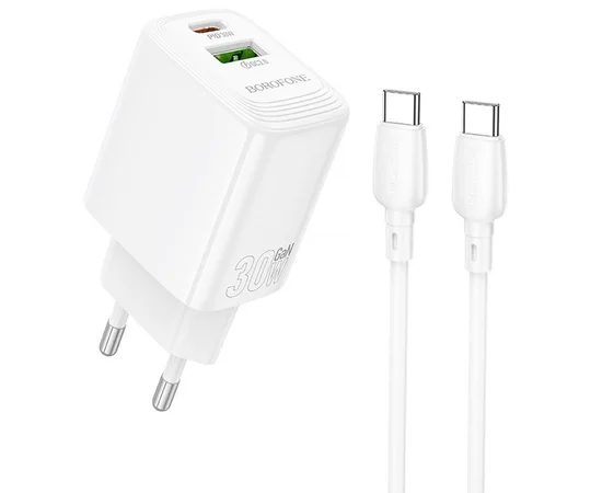СЗУ Borofone BN29 Fuente PD30W+QC3.0 (1USB-A/1C) + кабель Type-C to Type-C White