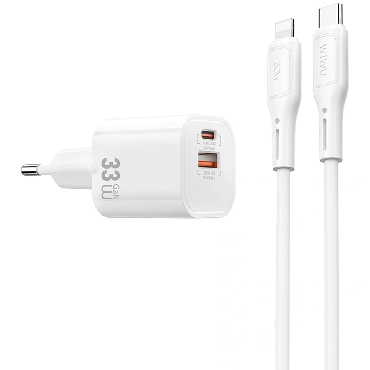 СЗУ WIWU G018 Cube PD33W+QC3.0 GaN (1USB-A/1C) + кабель Type-C to Lightning White