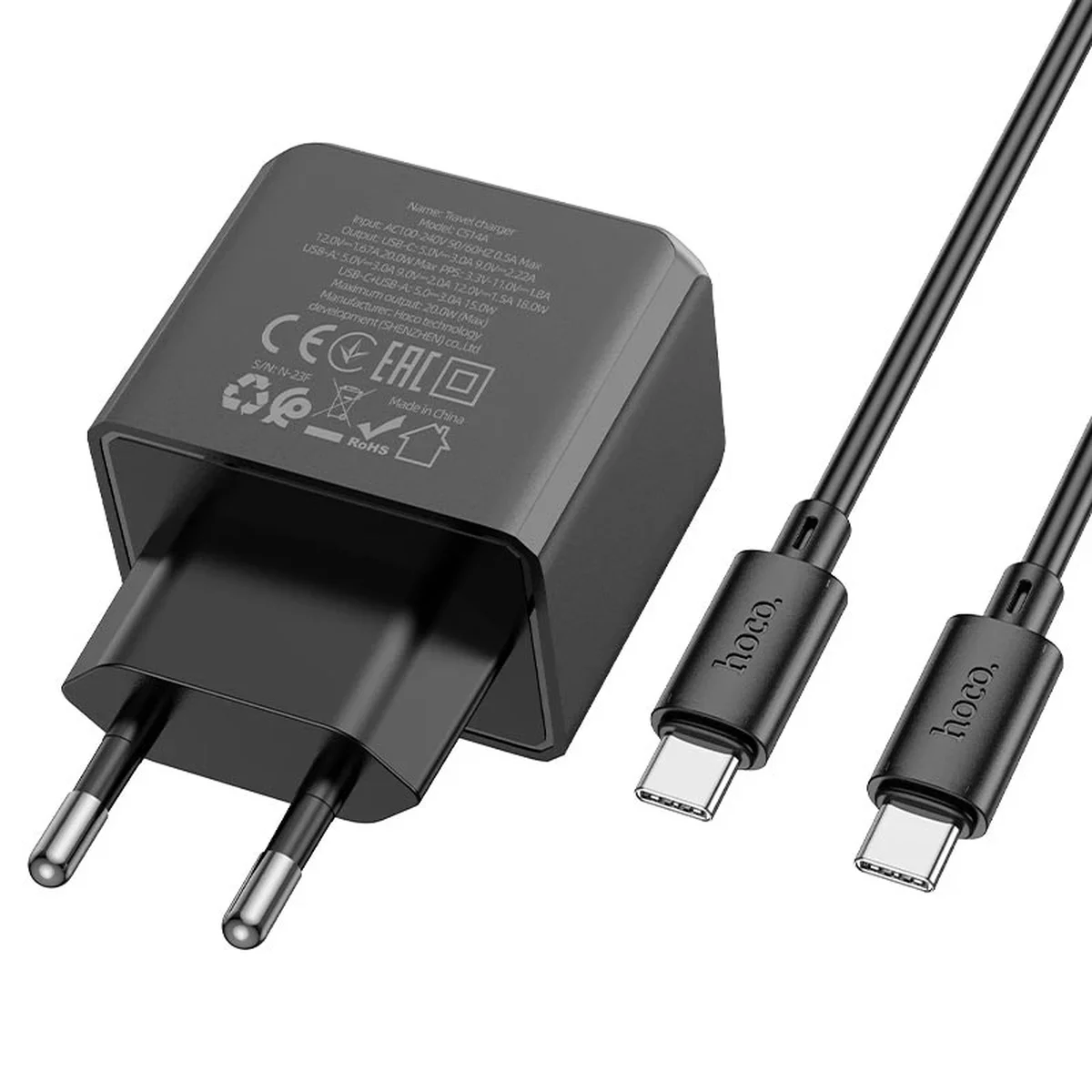 СЗУ Hoco CS14A PD20W+QC3.0 (1USB-A/1C) + Type-C to Type-C Black