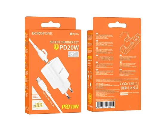 СЗУ Borofone BA81A PD20W (1USB-C) + Type-C to Type-C White