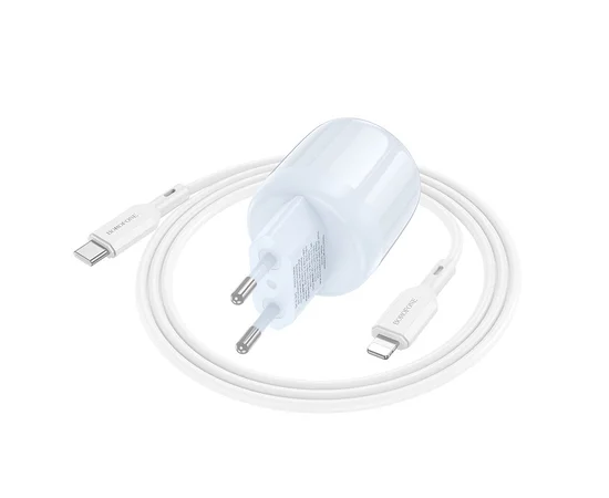 СЗУ Borofone BA93A Lustrous PD20W+QC3.0 (1USB-A/1C) + кабель Type-C to Lightning Blue