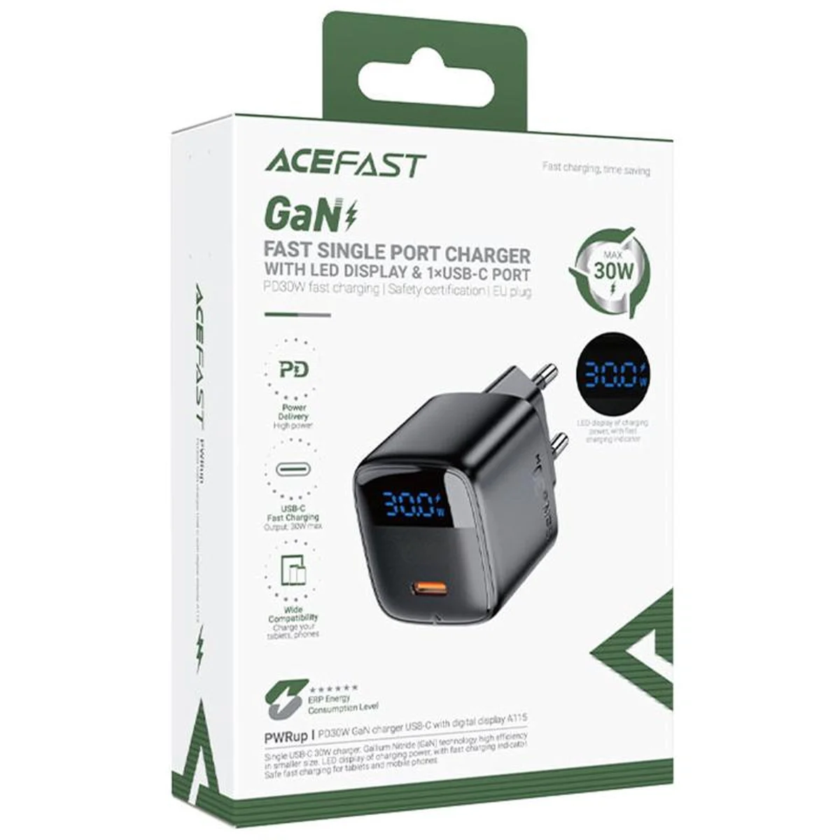 СЗУ Acefast A115 PD30W GaN (1USB-C) Black