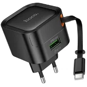 СЗУ Hoco C154A Changer With Retractable Cable Type-C PD20W+QC3.0 (1USB-C) Black