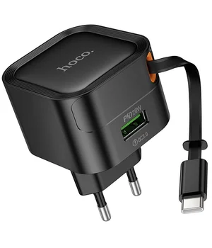 СЗУ Hoco C154A Changer With Retractable Cable Type-C PD20W+QC3.0 (1USB-C) Black