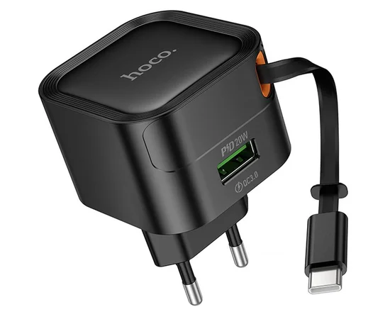 СЗУ Hoco C154A Changer With Retractable Cable Type-C PD20W+QC3.0 (1USB-C) Black