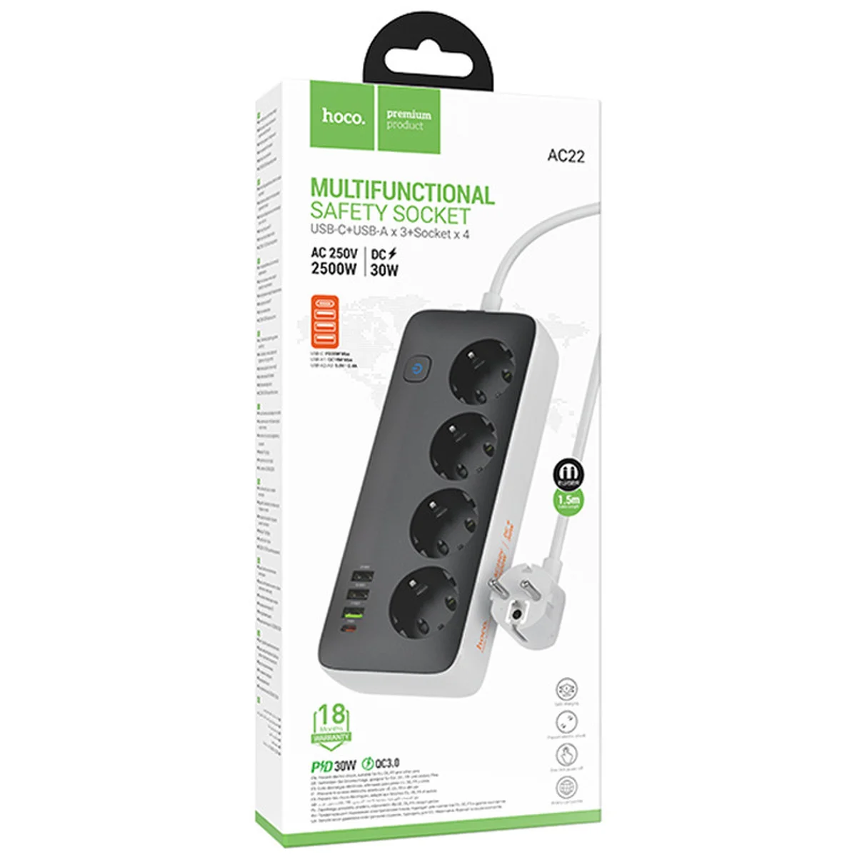 Удлинитель Hoco AC22 Sunlight (PD30W/1C/3A/4xSocket) (1.5m) Black