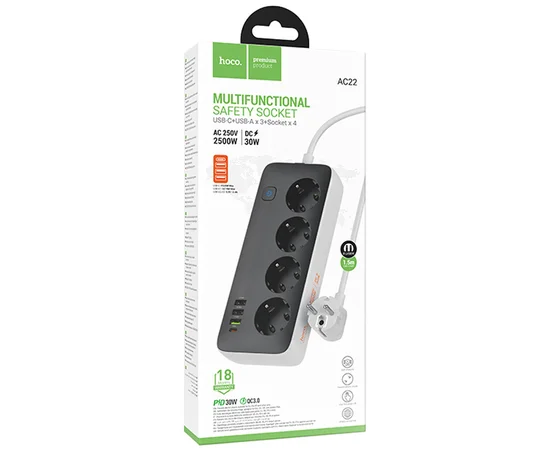 Удлинитель Hoco AC22 Sunlight (PD30W/1C/3A/4xSocket) (1.5m) Black
