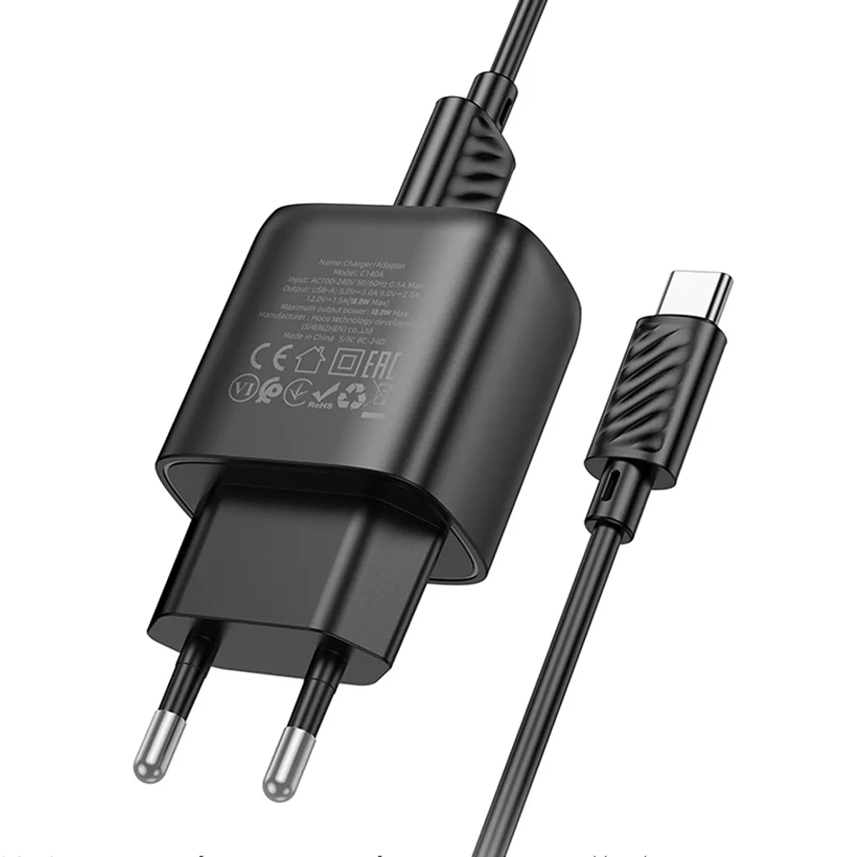 СЗУ Hoco C140A Smart QC3.0 (1USB/3A) + Type-C Black