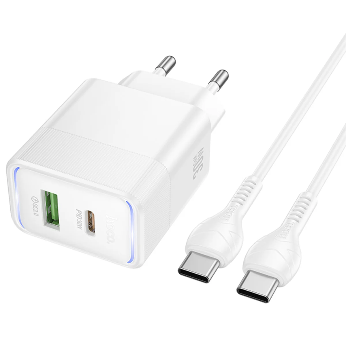 СЗУ Hoco CS112A Lounge PD30W+QC3.0 (1USB-A/1C) + кабель Type-C to Type-C White