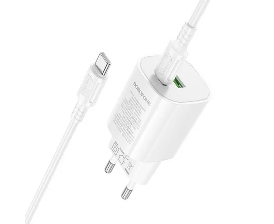СЗУ Borofone BA104A Pudding PD20W+QC3.0 (1USB-A/1C) + кабель Type-C to Type-C White