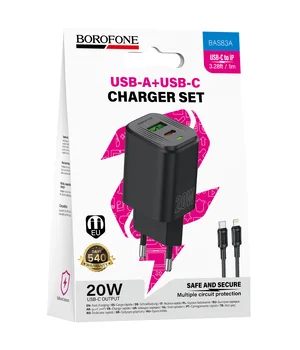 СЗУ Borofone BAS83A Star PD20W+QC3.0 (1USB-A/1C) + кабель Type-C to Lightning Black