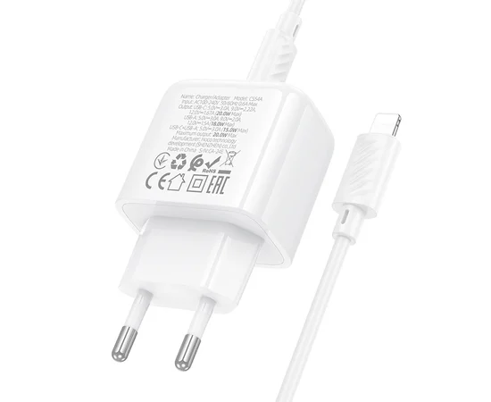 СЗУ Hoco CS54A Surplus PD20W+QC3.0 (1USB-A/1C) + кабель Type-C to Lightning White