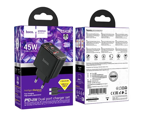 СЗУ Hoco CS43A Smart PD45W (2C) + Type-C to Type-C Black