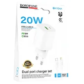 СЗУ Borofone BA104A Pudding PD20W+QC3.0 (1USB-A/1C) + кабель Type-C to Lightning White
