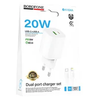 СЗУ Borofone BA104A Pudding PD20W+QC3.0 (1USB-A/1C) + кабель Type-C to Lightning White