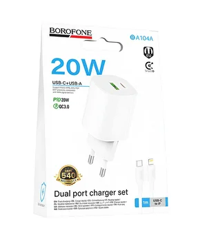 СЗУ Borofone BA104A Pudding PD20W+QC3.0 (1USB-A/1C) + кабель Type-C to Lightning White