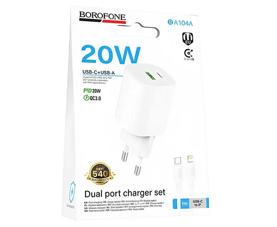 СЗУ Borofone BA104A Pudding PD20W+QC3.0 (1USB-A/1C) + кабель Type-C to Lightning White